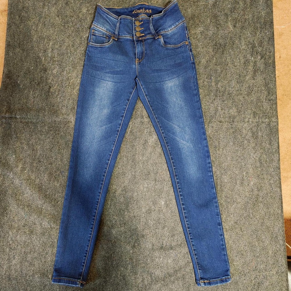 Bamboo Womens High Waisted Multi Button Skinny Jeans Blue Denim Juniors Size 1/2